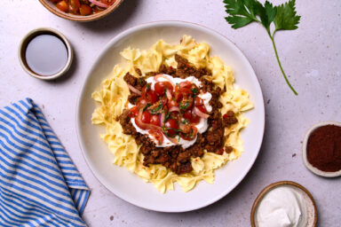 Turkish Pasta with Spiced Meat & Garlic Yogurt